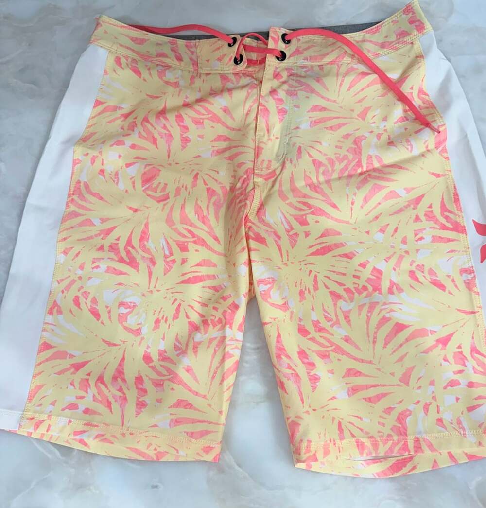 Hurley Board Shorts Size 32 Yellow Palm Leaves Surf Swim Trunks